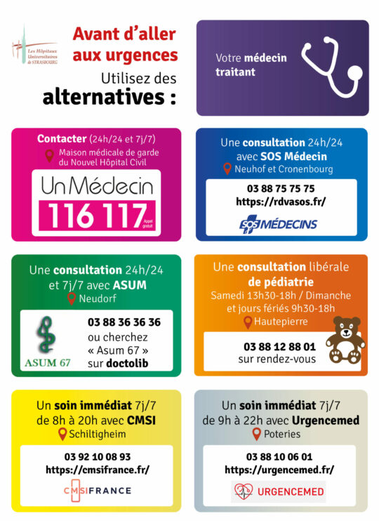 Alternatives aux urgences : votre médecin traitant ou un médecin 116 117 (24h/24) ou SOS médecins 24h/24 (Neuhof et Cronenbourg) : 03 88 75 75 75 https://rdvasos.fr ou Asum 24h/24 à Neudorf : 03 88 36 36 36 sur doctolib chercher ASUM ou consultation de pédiatrie samedi 13h30-18h / dimanche et jours fériés 9h30-18h à Hautepierre : sur RDV au 03 88 12 88 01 ou un soin immédiat 7j/7 de 8h à 20h avec CMSI à Schiltigheim / 03 92 10 08 93 / https://cmsifrance.fr/ ou un soin immédiat 7j/7 de 9h à 22h avec Urgencemed aux Poteries / 03 88 10 06 01 / https://urgencemed.fr/